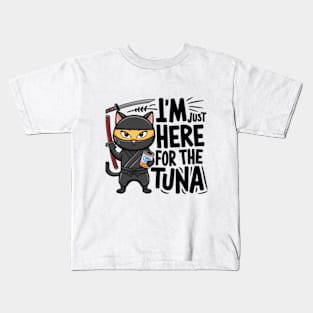 One design features a sneaky ninja cat with a katana in one hand and a can of tuna in the other. (4) Kids T-Shirt